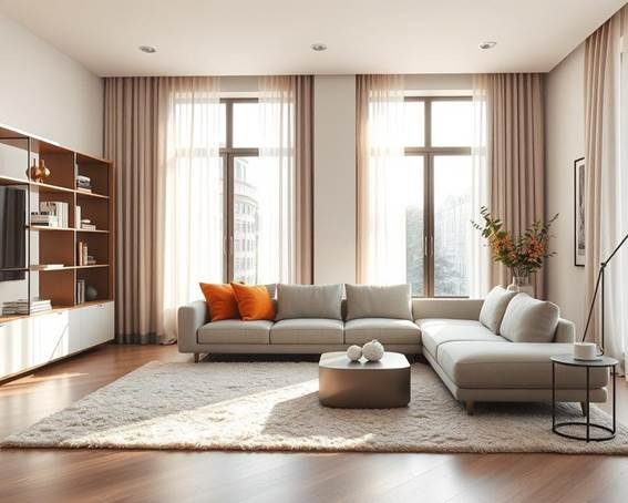 Nesta imagem, uma sala conteporâneo, com dicas de decoração valiosas, cores neutras, que chama a atenção as cores vibrantes das almofadas laranjas, cortina com pé direito alto, chão amadeirado.