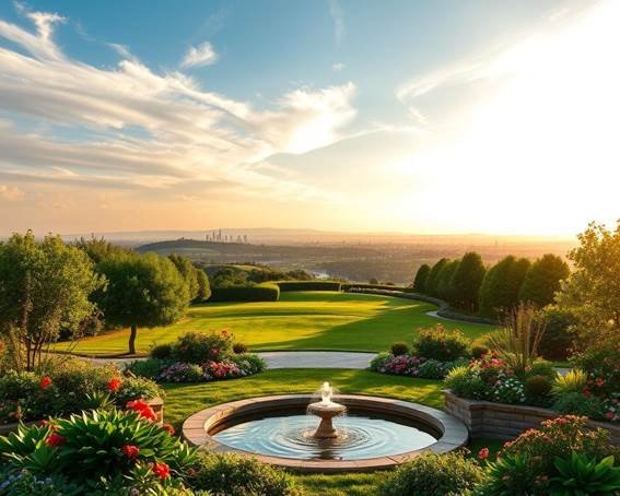 Estilos de paisagismo, é o que colocamos nessas imagens, aqui é um jardim, com algumas árvores, uma fonte no meio do jardim, flores, grama bem preenchida por toda parte.