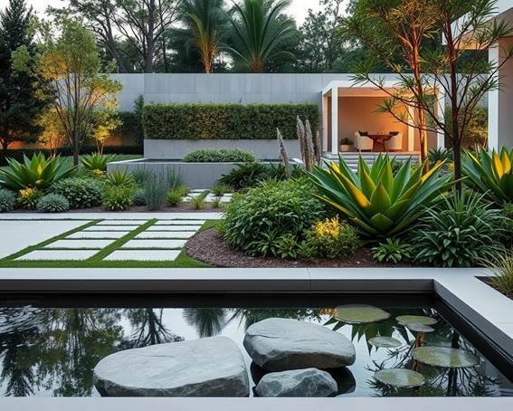 Existe vários Estilos de paisagismo, nessa imagem é um paisagismo residencial, com um lago, com pedras, muitas plantas, jardim vertical., bastante verde.