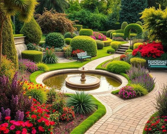 Nesta imagem, um verdeiro espetáculo de jardim, uma fonte de meio do jardim, muitas cores, flores bem coloridas espalhadas pelo jardim, estufa de plantas, pinheiros, árvores.