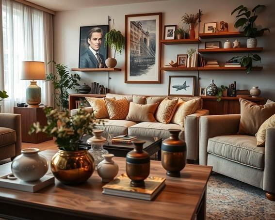 Esta imagem é uma verdadeira Decoração inspiradora, uma sala com alguns quadros bem chamativos, vasos decorativos em cima da mesa de centro, sofa, poltronas, plantas, armonizando as cores.