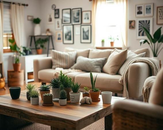 Nesta imagem, uma sala com muitos quadros, sofá de dois lugares, com almofadas cores neutras, e muitas plantinhas, mesa de centro muito linda amadeirado.