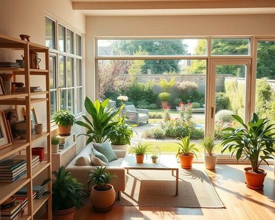 Organize sua casa e jardim, com prateleiras, vasos com plantas cada um de acordo com seu tamnho, destribuído em lugares corretos, como nos vemos nessa imagem, lugar bem amplo e arejado com luz natural.