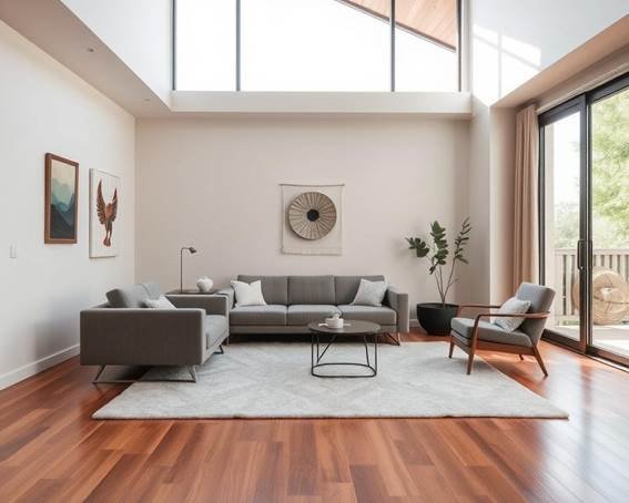 Nesta imagem de dicas de decoração, é uma sala bem aconhegante, com cores clean, bem arejada, sofá e poltronas cinzas, com tedalhe amadeirado, ornando com o piso amadeirado também.