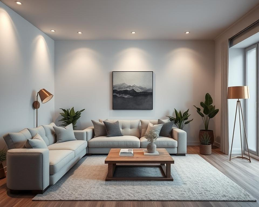 Essa sala, bem iluminada, com um quadro no centro, cores neutras, mesa de centro de madeira, plantas, abajur, um tapete grande no centro.