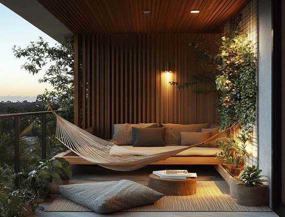 Nesta imagem, esta uma varanda com estilo moderno, uma rede, plantas, jardim vertical, parede de paínel ripado.