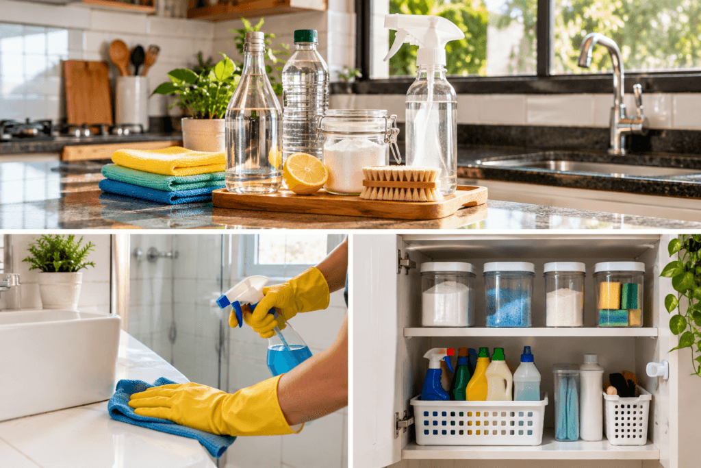 Produtos de limpeza na cozinha ensolarada