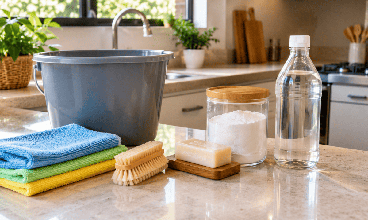 Produtos de limpeza na cozinha ensolarada