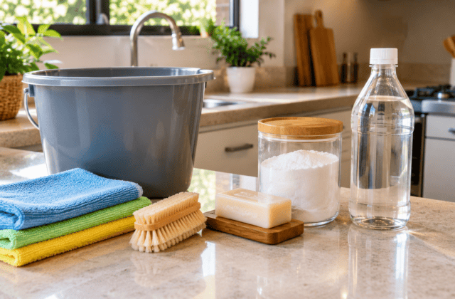 Produtos de limpeza na cozinha ensolarada