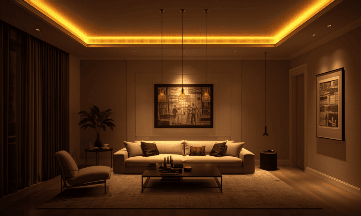 Sala de estar com iluminação em camadas, luz quente aconchegante, spots e pendentes