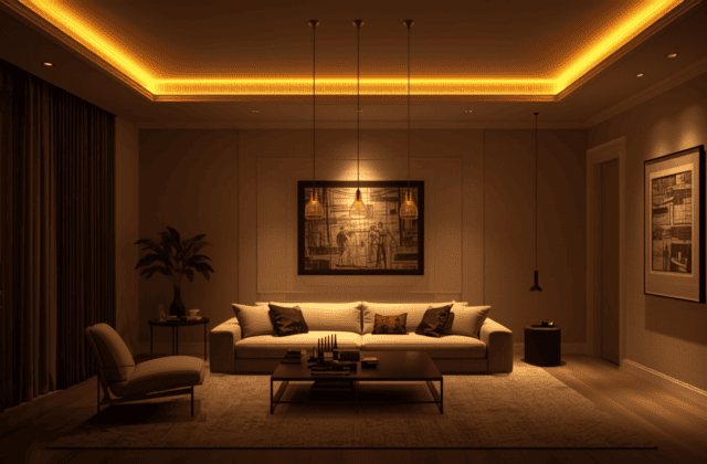 Sala de estar com iluminação em camadas, luz quente aconchegante, spots e pendentes