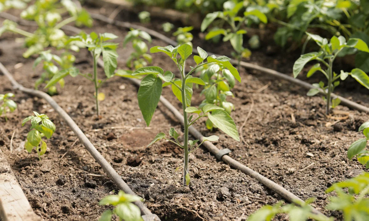 Sistema de irrigação automática por gotejamento entre mudas de hortaliças no canteiro