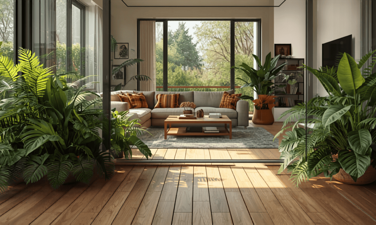 Sala de estar integrada a um jardim de inverno com plantas verdes e luz natural