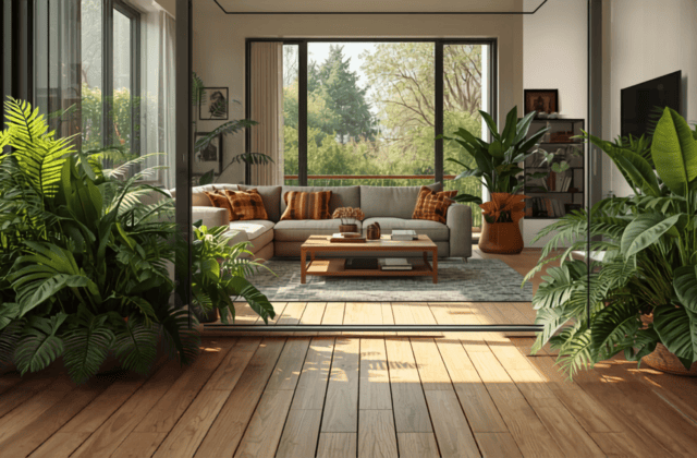 Sala de estar integrada a um jardim de inverno com plantas verdes e luz natural