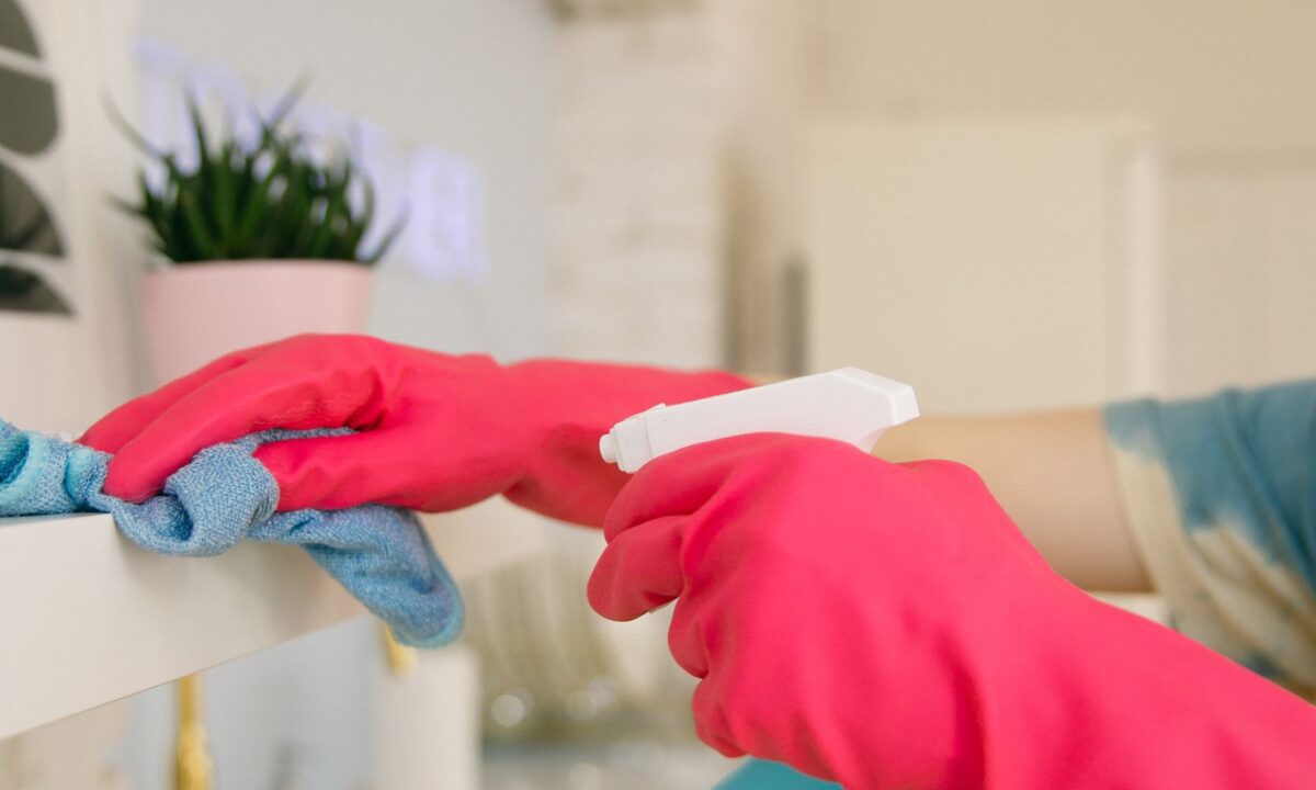 Mãos com luvas de borracha rosa limpando a casa, segurando um borrifador de produto de limpeza, com planta ao fundo