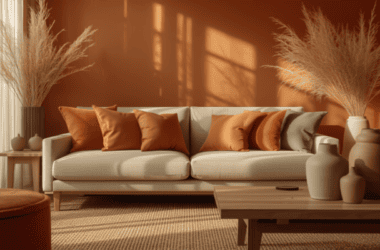 Sala de estar decorada com tons terrosos, sofá com almofadas em terracota e verde-musgo, iluminação natural