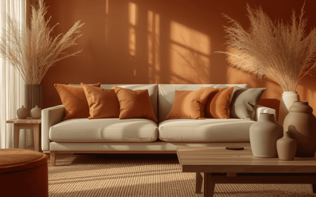 Sala de estar decorada com tons terrosos, sofá com almofadas em terracota e verde-musgo, iluminação natural