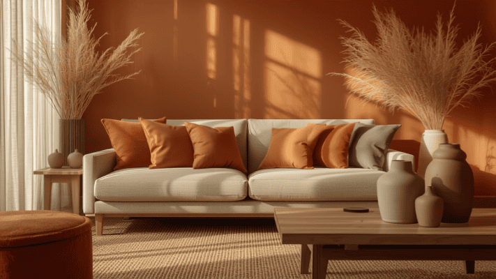 Sala de estar decorada com tons terrosos, sofá com almofadas em terracota e verde-musgo, iluminação natural