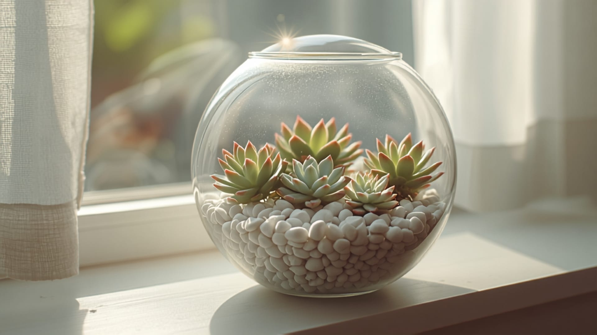 Terrário de suculentas pronto, com acabamento de pedrinhas decorativas, posicionado em um parapeito de janela com luz natural