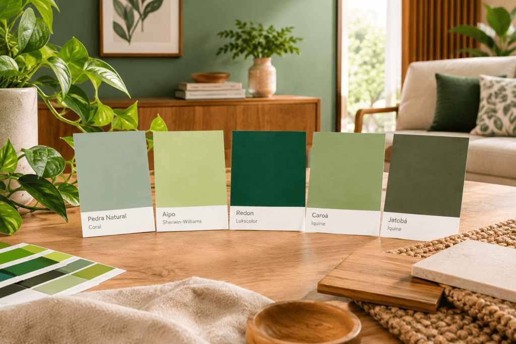 Amostras de tintas verdes para decoração com sala contemporânea ao fundo