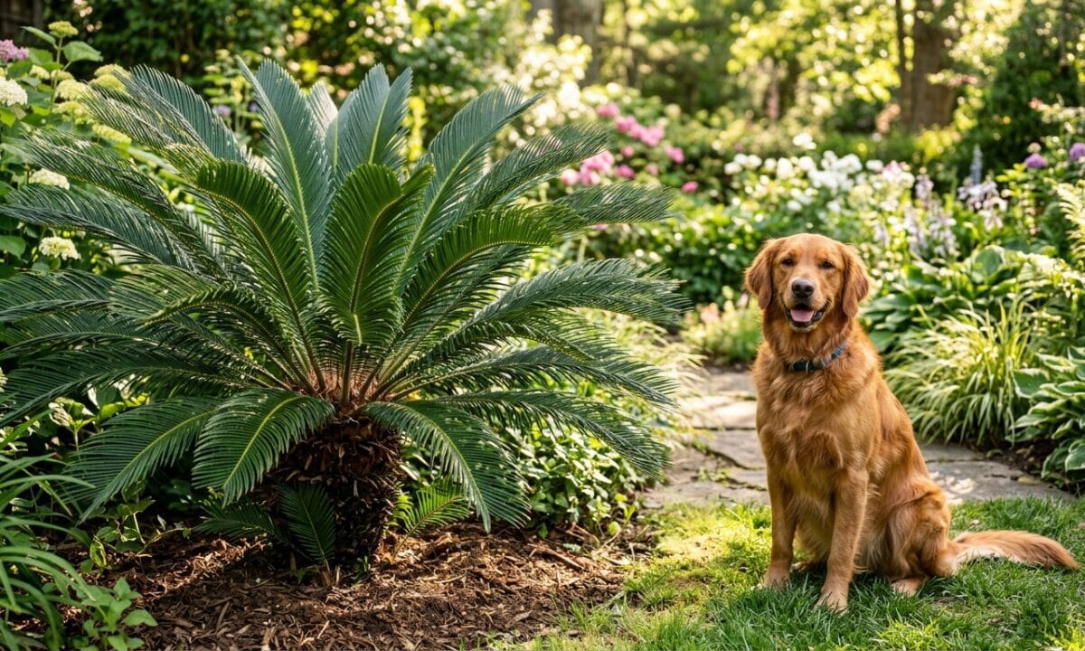 Planta Cycas revoluta em um jardim ornamental ao lado de um cão Golden Retriever em ambiente externo."