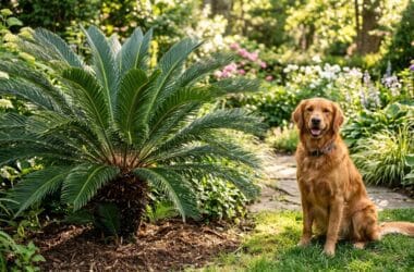 Planta Cycas revoluta em um jardim ornamental ao lado de um cão Golden Retriever em ambiente externo."