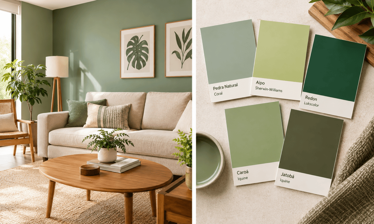 Sala decorada com parede verde suave e amostras de tintas verdes para 2027