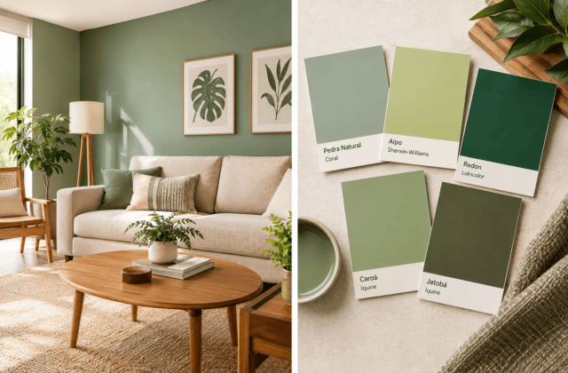Sala decorada com parede verde suave e amostras de tintas verdes para 2027